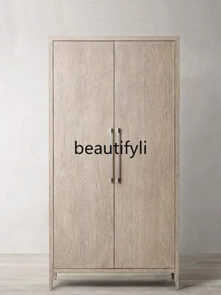B73 Vintage Solid Wood Double Door Wardrobe Bedroom French Oak Storage Cabinet Modern Two Door Wardrobe