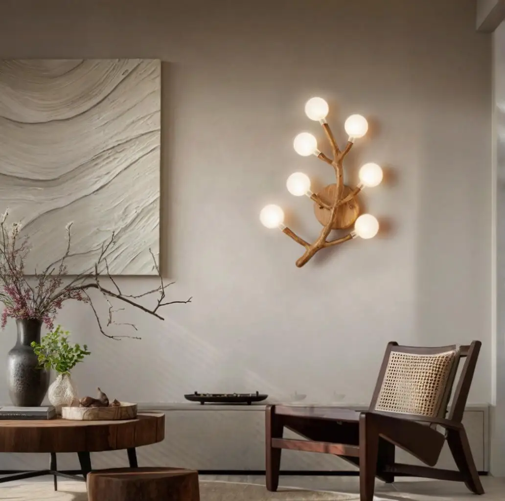 

American-style small leaf design wall lamp, wood color exterior, left and right wall lamp bases, suitable for bedrooms, studies,