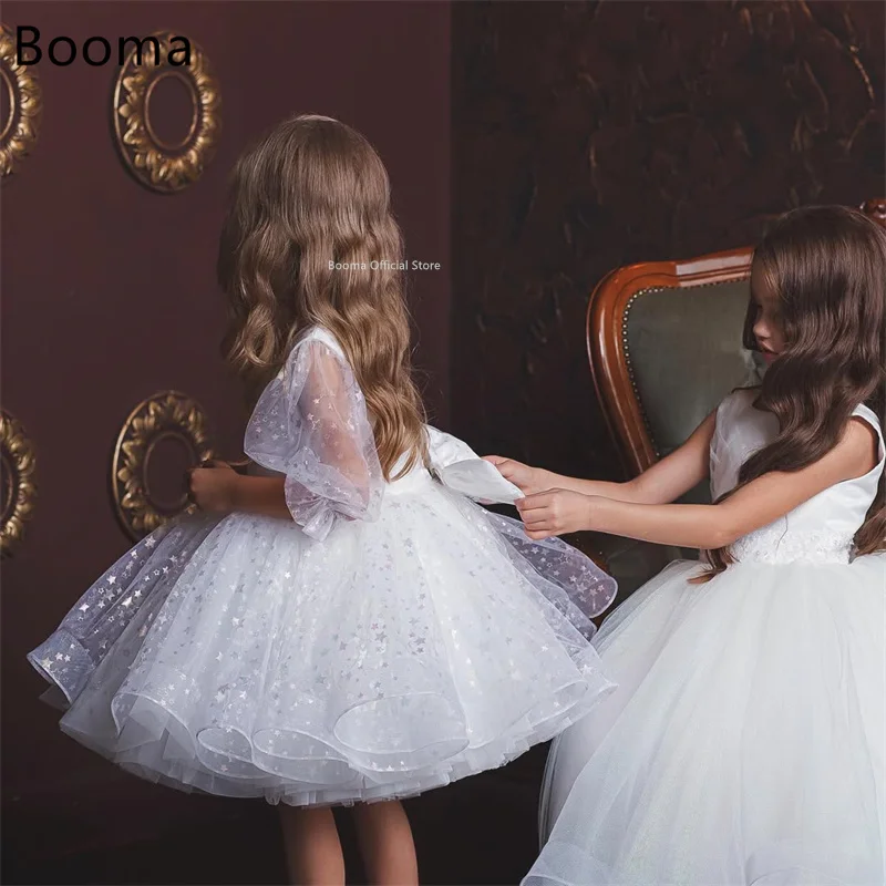 Booma Flowers Girl Abiti Tulle Manica corta Fiocco Abito da festa di nozze per bambini Abiti da ballo per ragazze personalizzati