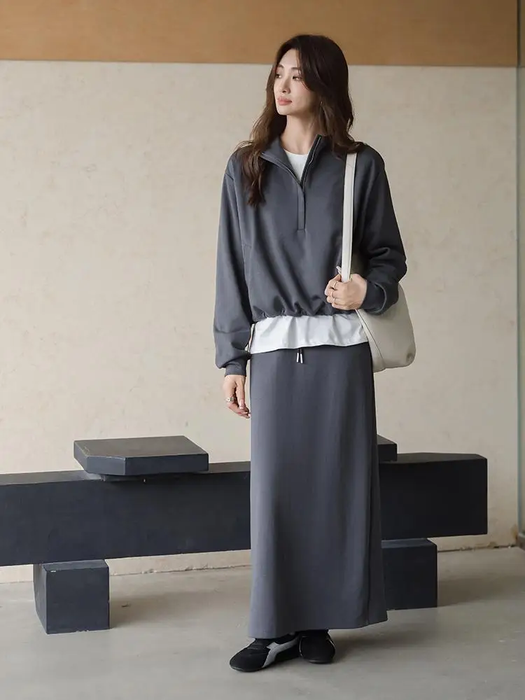 

Свободный повседневный комплект из свитшота и юбки для женщин: модный весенний комплект из двух предметов с длинным рукавом, воротником-стойкой и юбкой свободного кроя