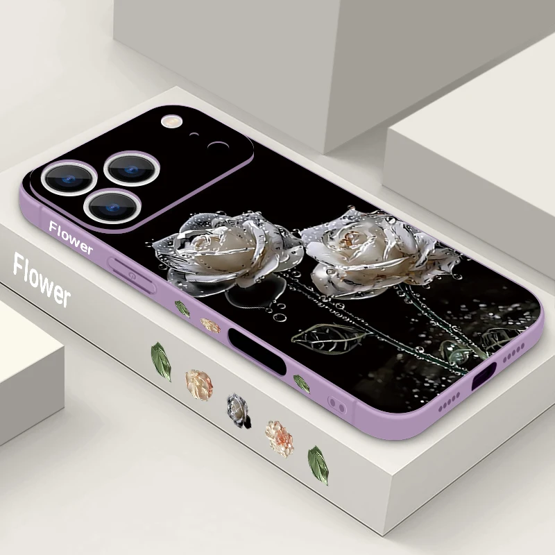 Funda de teléfono de TPU con diseño de rosa blanca para iPhone 17 16 15 Pro Max 12 13 14 Pro Max Air 11 correa de muñeca cordón cubierta de silicona suave