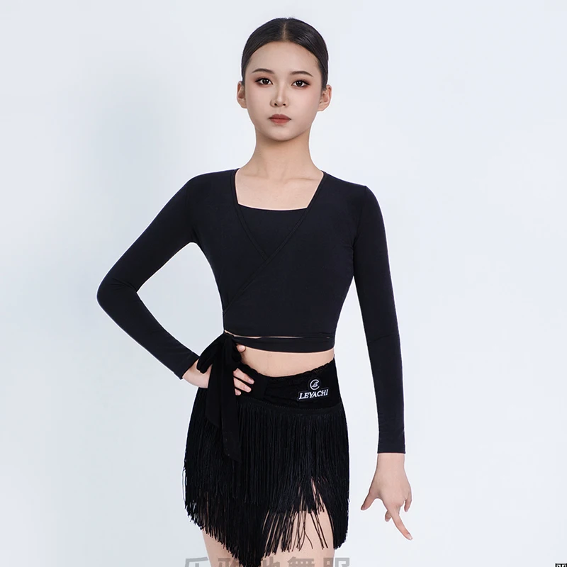 

2026 Children Latin Dance Competition Clothing For Girls Long Sleeved Tassel Skirts Practice Suit Samba Latin Costumes DQS22094