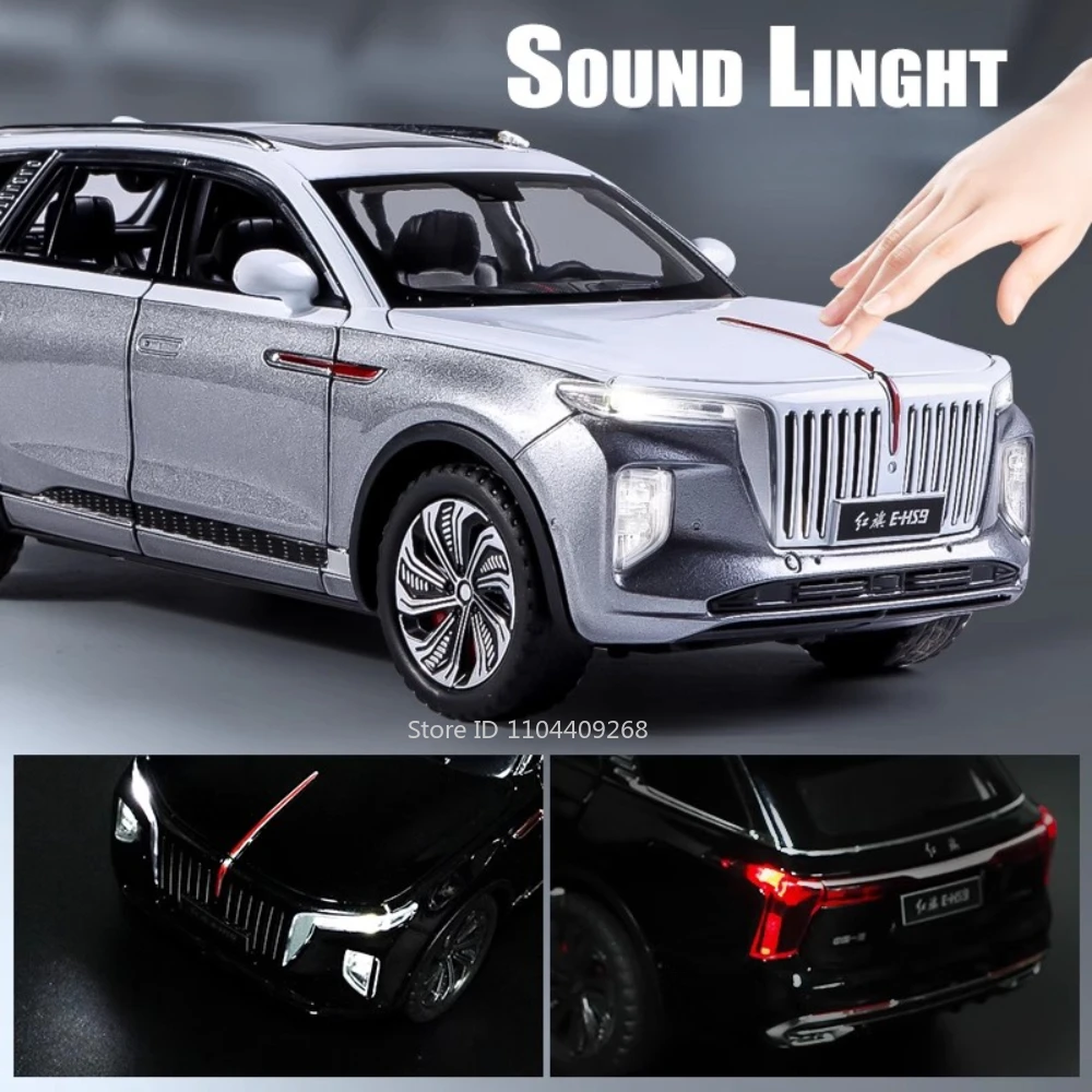 1:24 Scale HongQi E-HS9 L5 Toy Model Car Metal Diecast Light Sound Pull Back Doors Opened Vehicles Models Kids Holiday Gifts