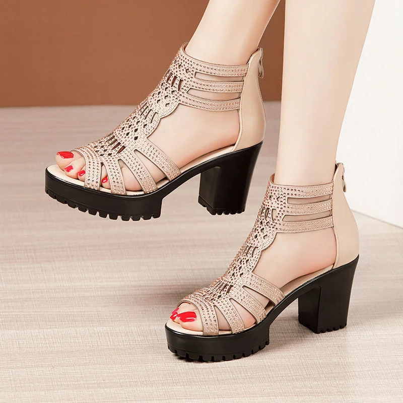 

High Heels Gladiator Sandals Woman Open Head Sexy Black Rivet Block Heel Platform Shoes Summer Back Zip Size 35-40 Women Sandals