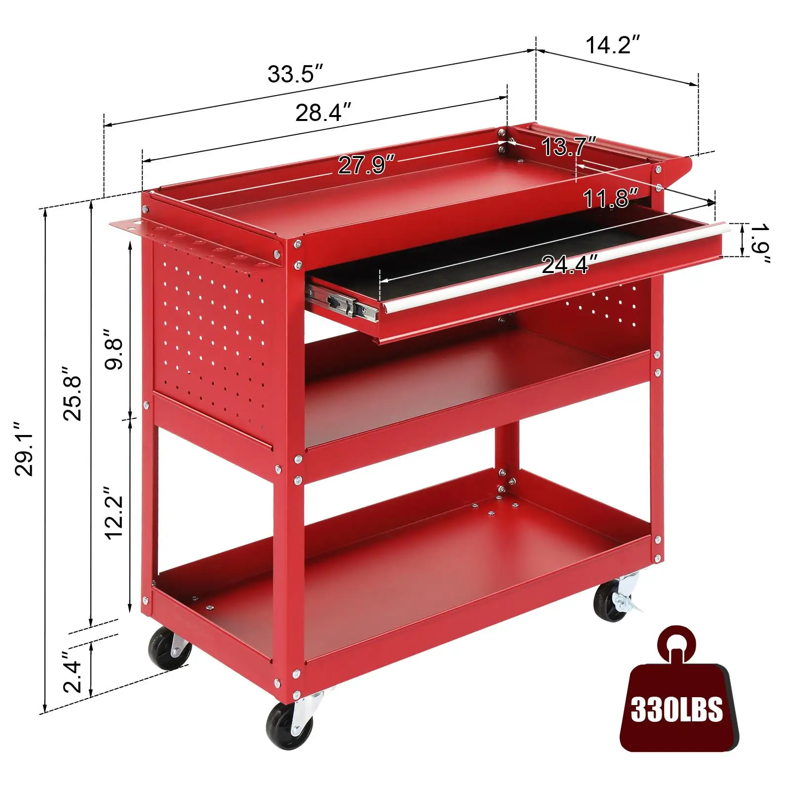 3-Tier Heavy Duty Rolling Tool Cart with Pegboard & Hooks - 330 lb Metal Utility Cart for garage & Workshop in Red