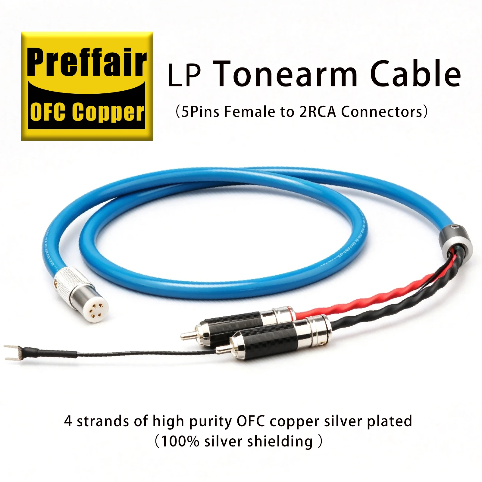 Preffair High Purity OFC Silver Plated Tonearm Cable 5Pin DIN to Dual RCA Anti-Noise Turntable Signal Wire With Ground Spade Lug