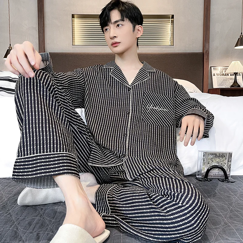 2024 New Striped Pajamas Men's Autumn Cotton Long Sleeved Long Pants Spring Cardigan Men's Loungewear Set pyjama homme Dropship