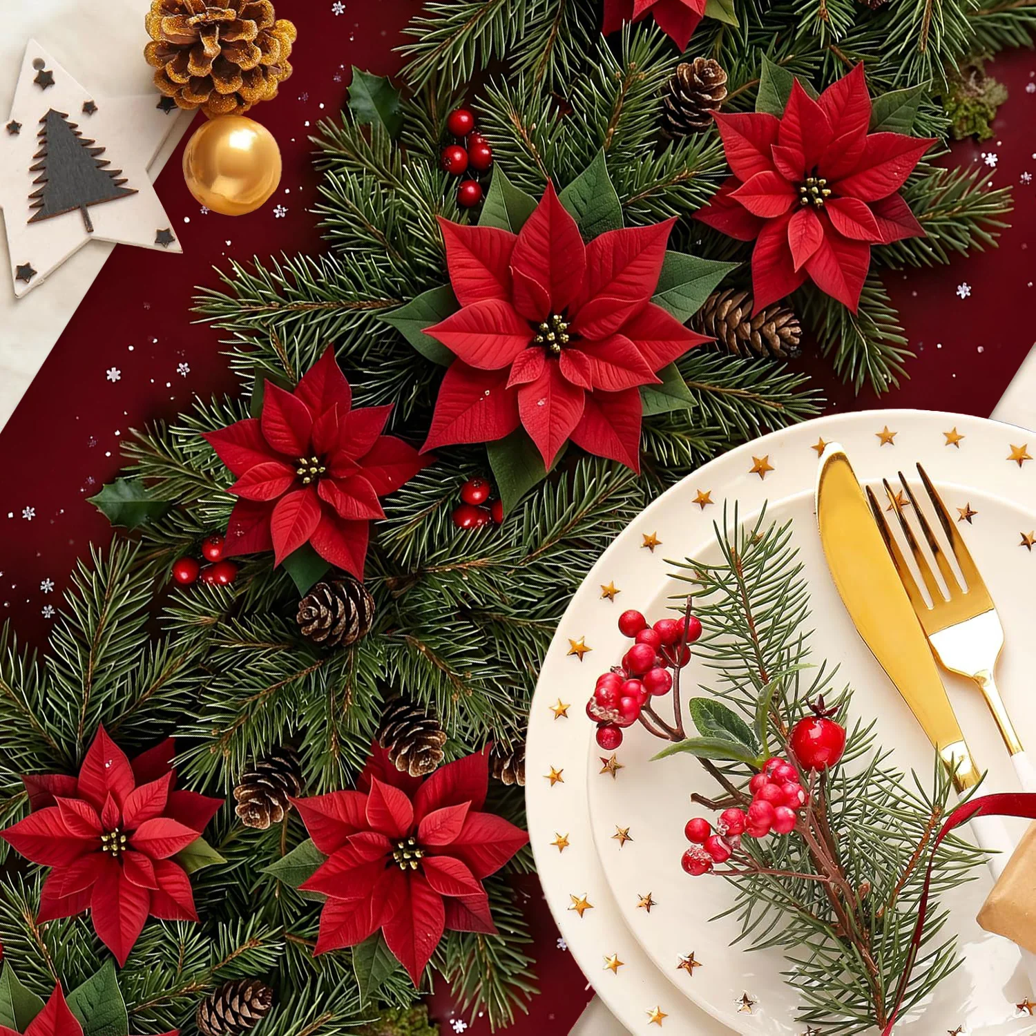 Christmas Red Poinsettia Pine Cone Table Runner Winter Red Berry Xmas Table Decor Holiday Home Dining Party Decoration