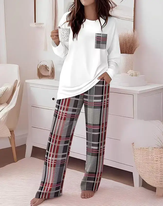 

Осенний повседневный домашний женский комплект с круглым вырезом и клетчатым принтом, карманом, длинным рукавом и комплектом прямых брюк