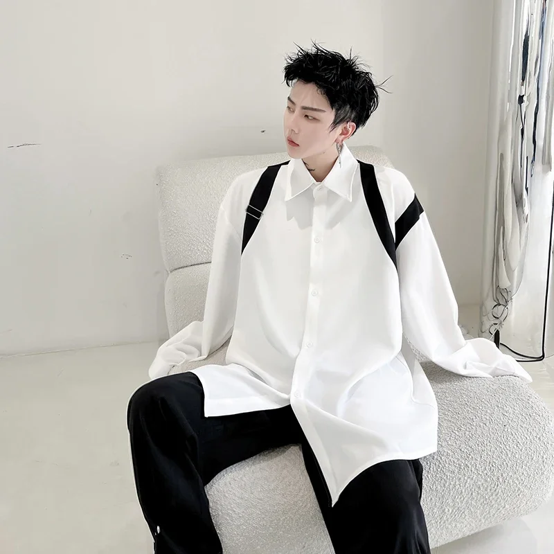 Black White Splice Shirt Men Net Celebrity Streetwear Fashion Show Loose Casual Long Sleeve Shirt Blouses Male Stage Clothing