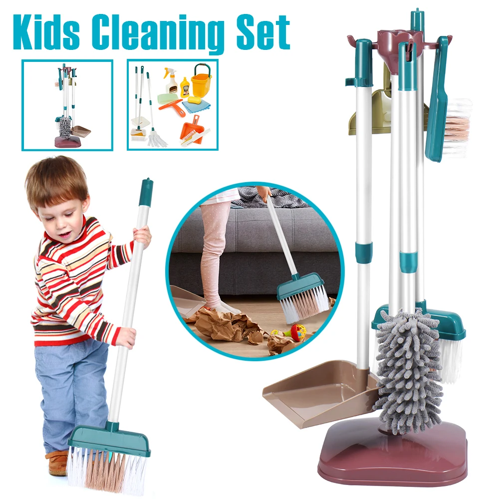 Kids Cleaning Set Funny Toy Broom and Mop Set Educational Children Toy Cleaning Set Housekeeping Pretend Play with Storage Rack