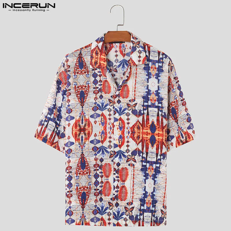 INCERUN Tops 2024 Korean Style Fashion Men\'s Ethnic Printing Pattern Shirts Summer Streetwear Hot Sale Half Sleeved Blouse S-5XL