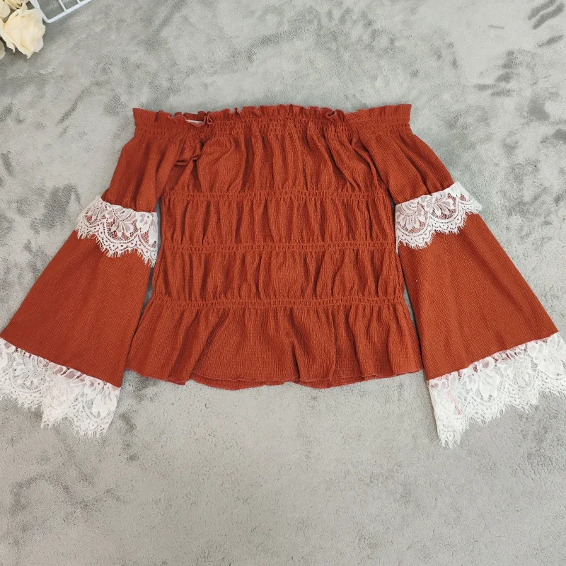 2025 New Women's Off Shoulder Long Sleeve One Shoulder Sexy Top With Casual Lace Trim Elegant Blouse