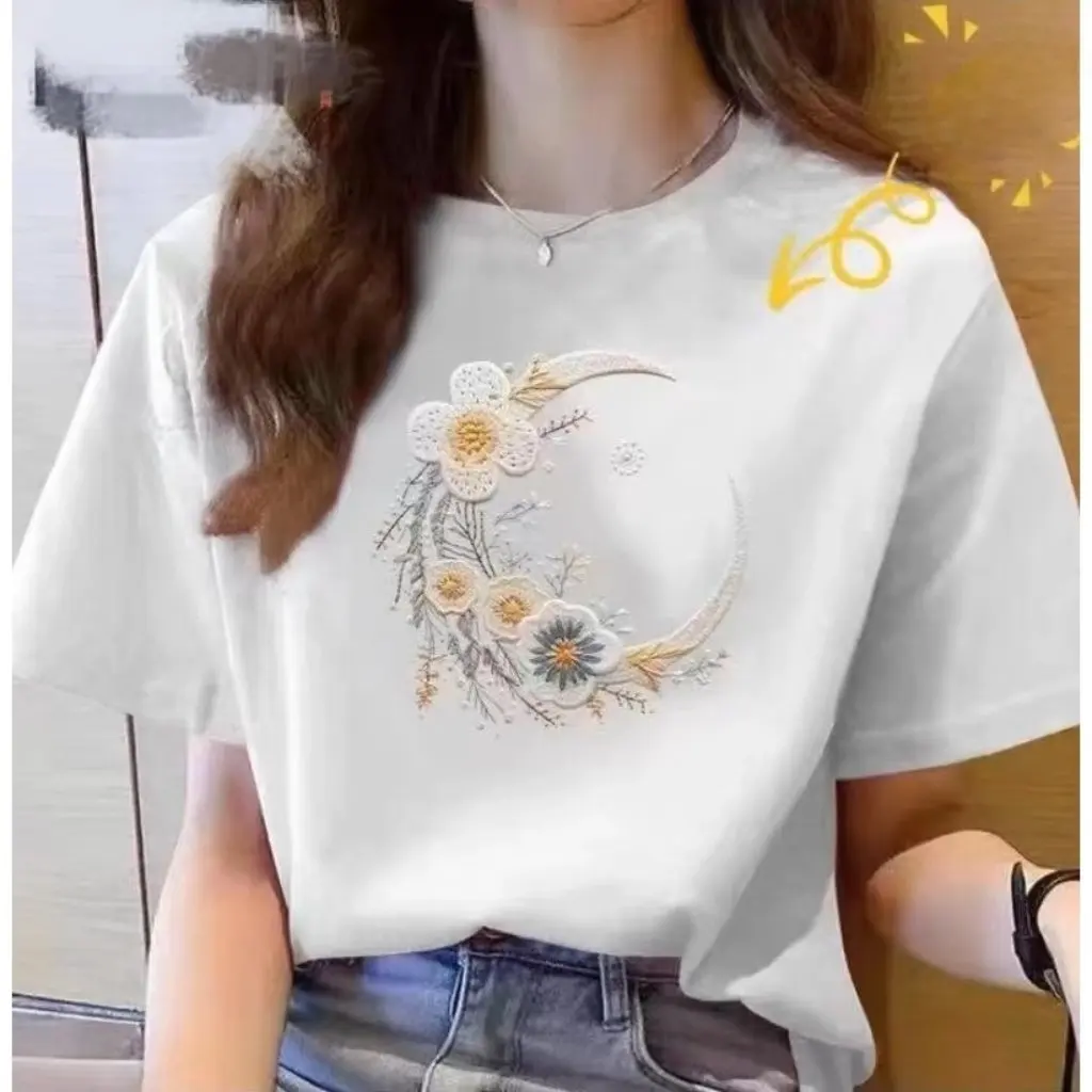 

Women's Heavy Cotton Summer T-shirt Short-Sleeved Printed National Style Fashion Western Half-Sleeved Short Top