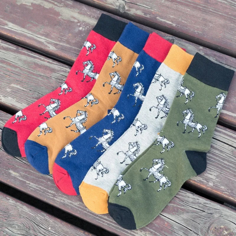 Calcetines cortos con estampado de caballo para hombre, medias informales con estampado de animales, 1 par, otoño e invierno, novedad