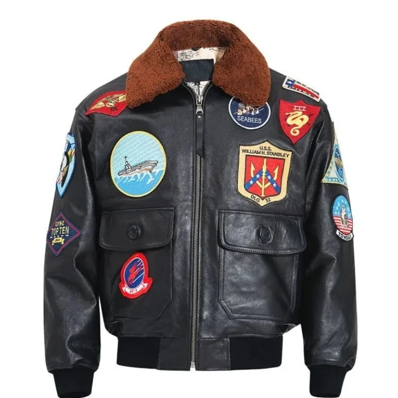 Black Autumn Pilot Leather Jacket Men Russian Military Style Europe Size Natural Sheepskin Aviation Genuine Leather Coat