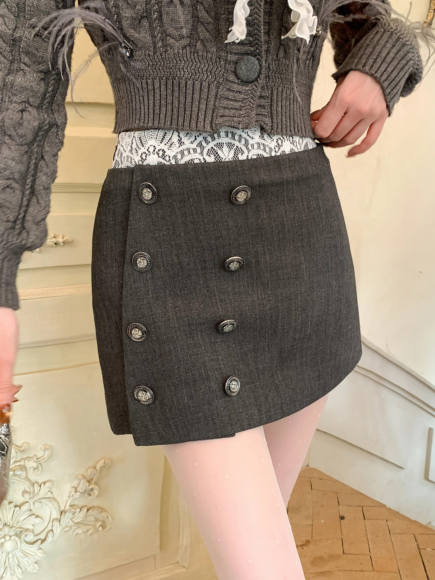 

AZZHEN Lace Double-Breasted f-Skirt Pants Aosphere Sense Double-Waist Design Luxury Sle Ci Commute Casual Date