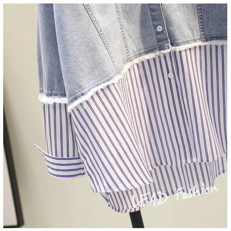 Fake Two Denim Patchwork Shirt Jacket Striped Fringe Casual Shirt Cardigan Korean Fashion Shir Tblouses Women Clothing Tops