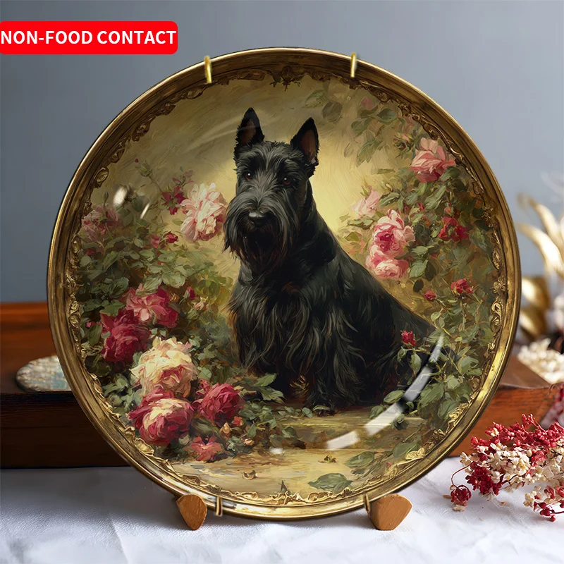 1pc Hand-Painted Scottish Terrier & Rose Garden Ceramic Plate - Round Art Deco Black Dog & Pink Roses Dish, Golden Accent Home