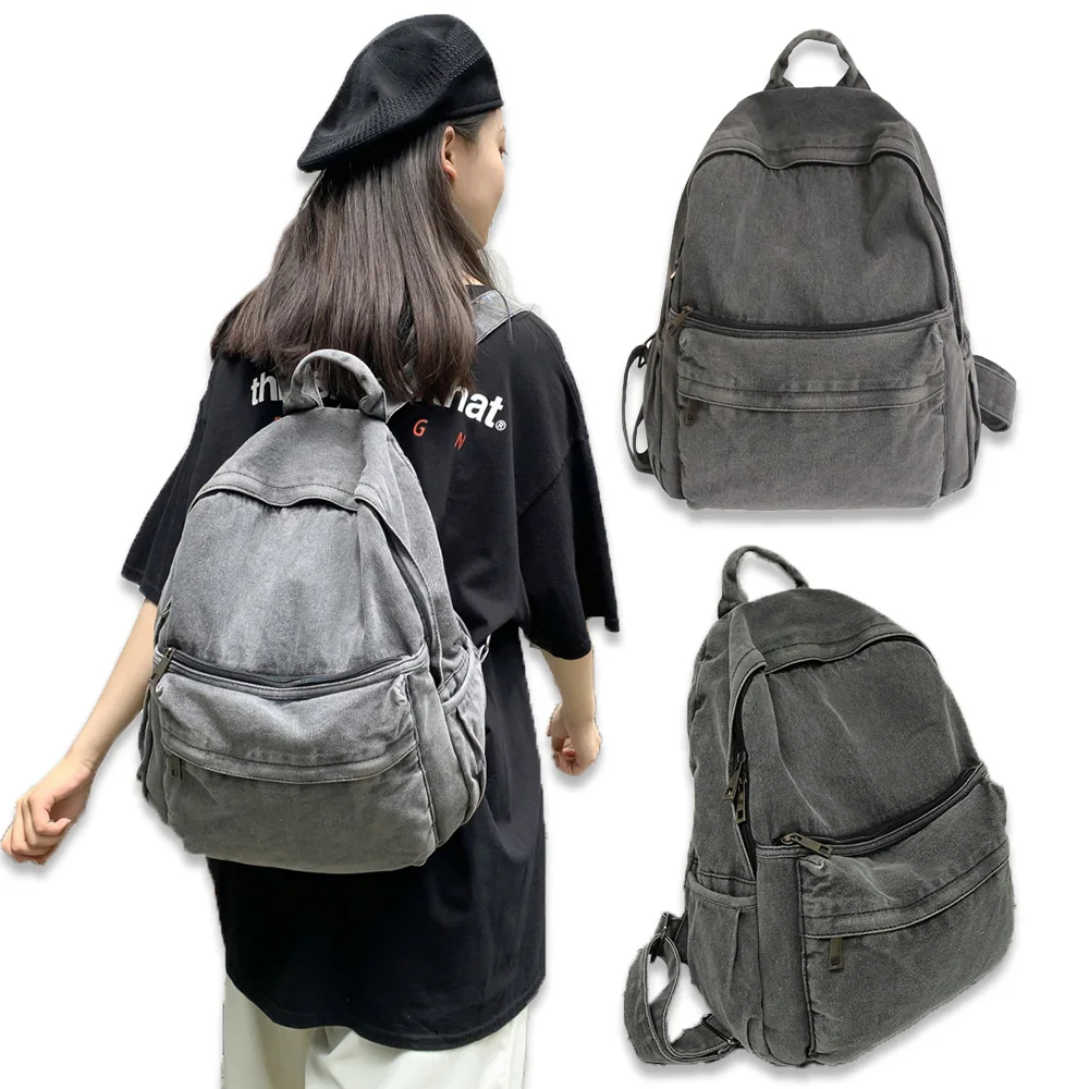 Denim Leisure Backpack Solid Students Fashion Schoolbags Large Capacity Zipper Vintage Backpack for Outing Hiking Shopping