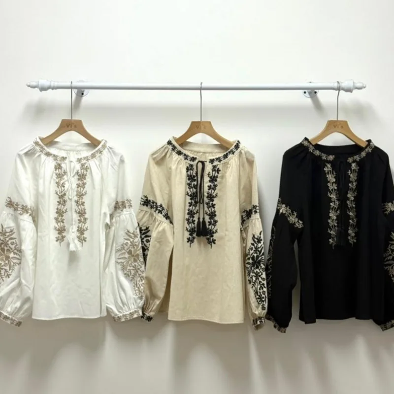 

National Style Retro Embroidery Lace Tassel Round Neck Pullover Women's Shirt Loose Puff Sleeve Top Women's Holiday Beach Shirt