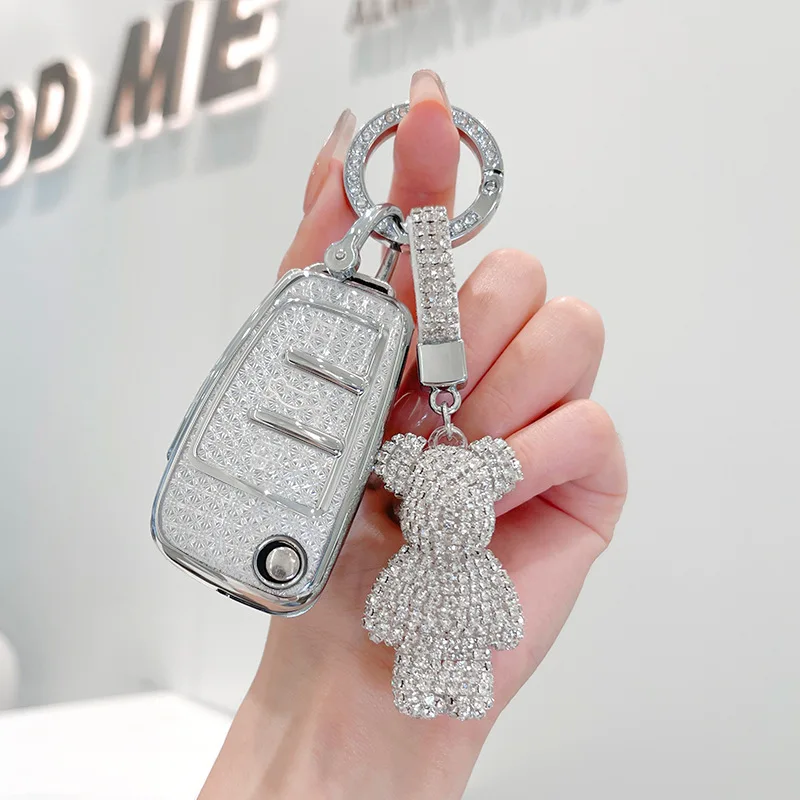 

Good TPU White Crystal Style for Audi A1 S1 A2 A3 S3 A5 A6 A8 S6 Flip Folding Remote Auto Car Key Case Cover Fob Bag Keychain