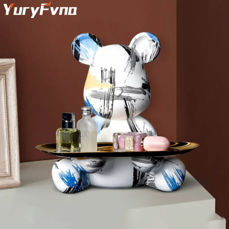 

YuryFvna Graffiti Bear Figurine Home Decoration Animal Statue Keys Storage Shelf Modern Room Sculpture Table Decor Statues