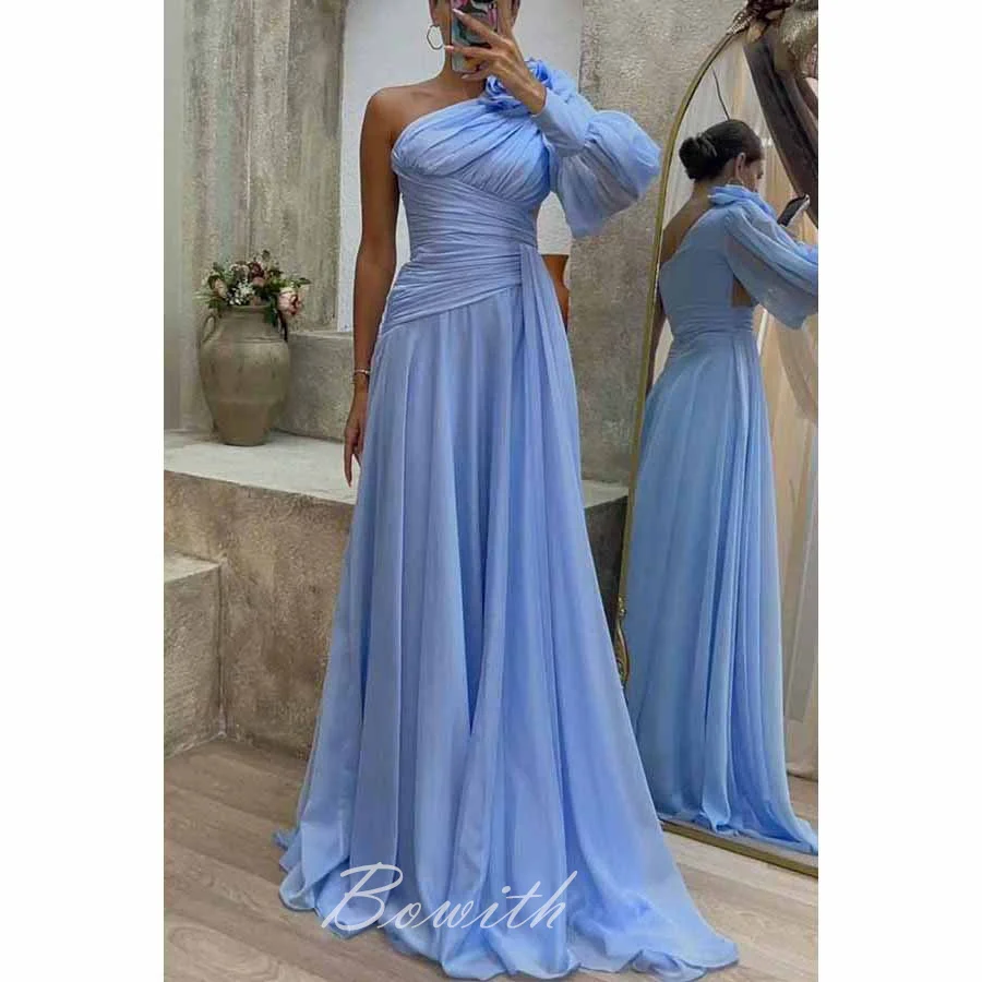 

Bowith One Shoulder Evening Party Long Dresses High Slit Chiffon Gala Dress with Handmake Flowers Women's Prom Gowns vestidos