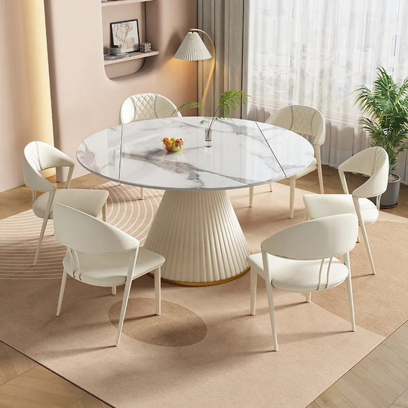 Cream Wind Rock Slab Dining Table And Chair Combination Rotating Retractable Square And Round Multi-functional