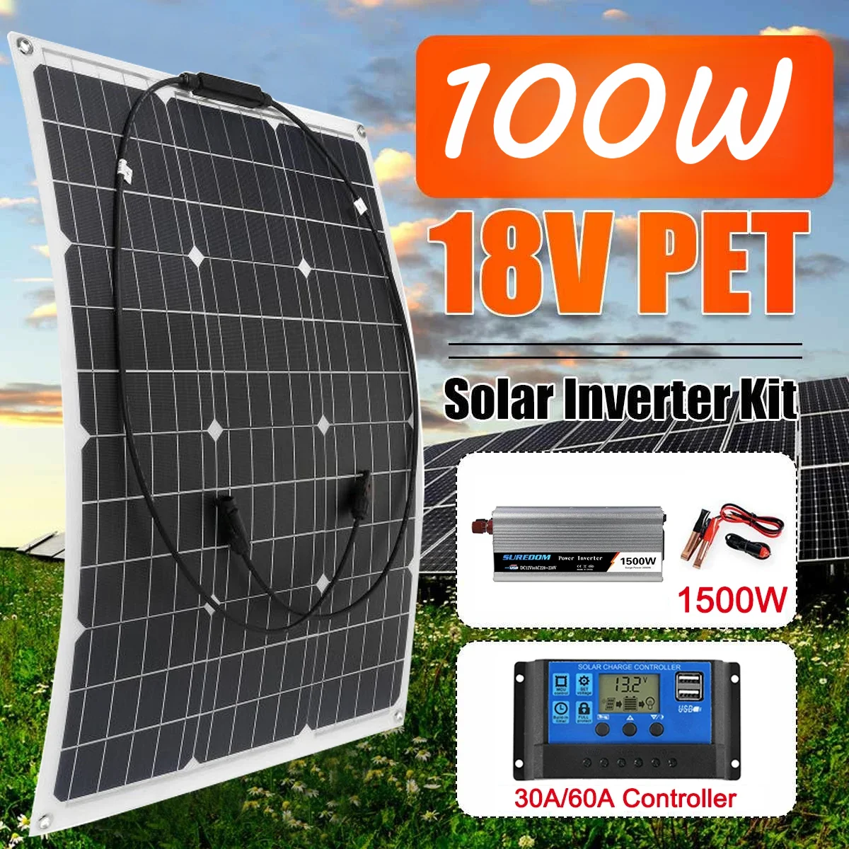 

220V Solar Power System 100W Solar Panel Battery Charger 220V/1500W Inverter Kit Complete Controller Home Grid Camp Phone PAD