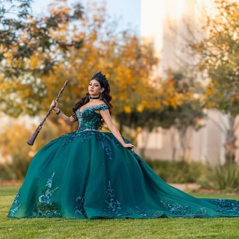 Блестящее черновато-зеленое платье Quinceanera с открытыми плечами по индивидуальному заказу, тюлевое платье с кристаллами и аппликацией, платья de 15, Quinceanera