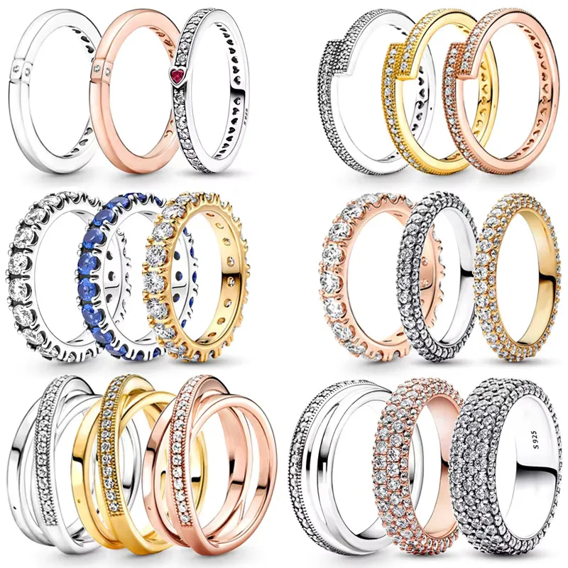 คลาสสิกสามแหวน Eternal 925 Silver Shine คู่แถวเพทายโลโก้แหวนผู้หญิงเทศกาลแฟชั่น Charm เครื่องประดับของขวัญ