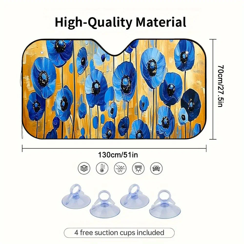 1pc 2D Flat Blue Poppy Sea Design Car Sunshade – Keeps Car Cool, Foldable & Easy To Install, Includes 4 Suction Cups, Polyester