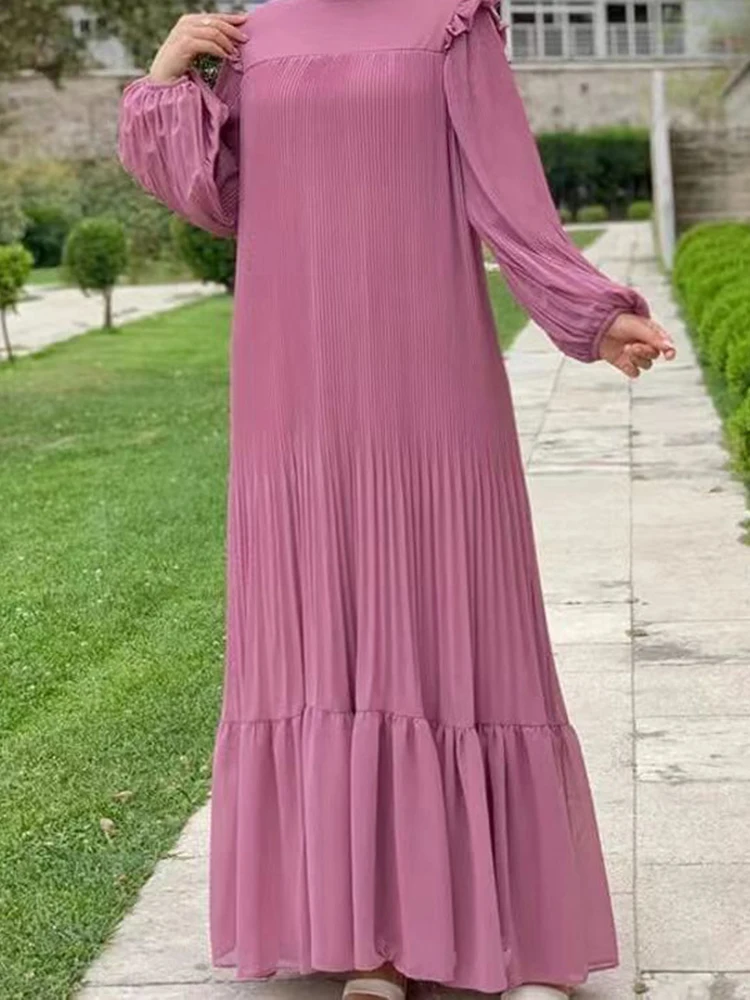 GVUW Pleated Fashion Dress Women Round Collar A Line Full Sleeve Solid Color Chic Style Medium Long Female Clothing 17G5744