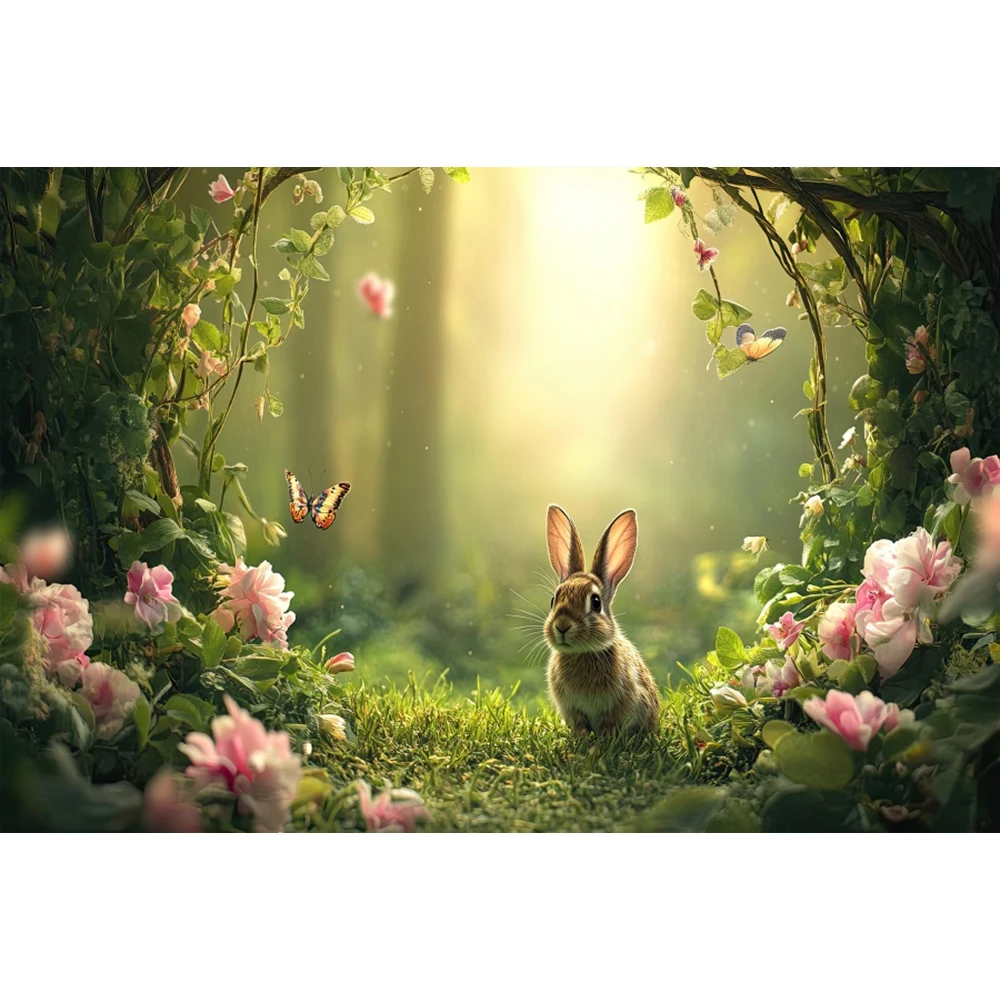 Green Forest Easter Decoration Backdrop Flowers Eggs Butterfly Sunlight Kid Birthday Holiday Family Party Photography Background