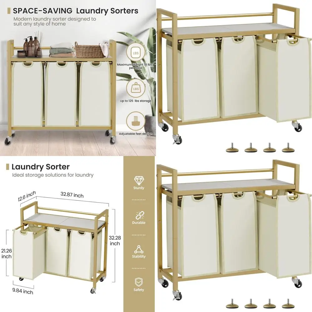 

3-Section Rolling Laundry Hamper with Removable Bags, Golden, for Home Organization