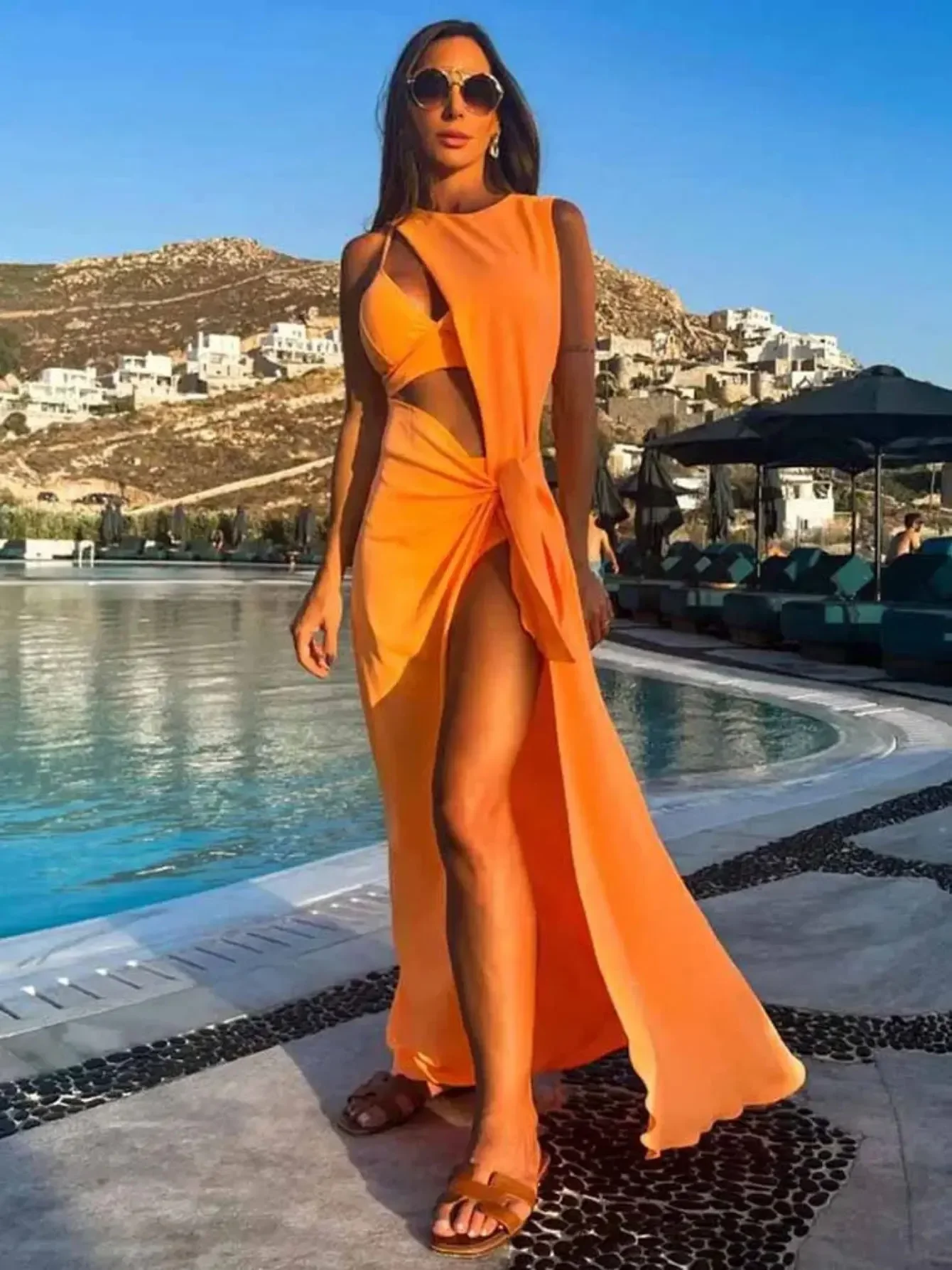 

Hollow Out Dress Bodycon Women Sleeveless A-line Orange O Neck Long Dress Fashion Beach Style Female Robe Summer