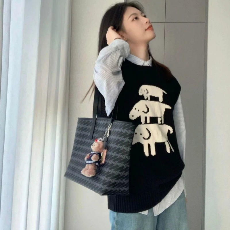 Kawaii Prints Sweater Vests for Women Autumn Preppy Style Girls Knitted Jumpers O-neck All-match Fashion Youths Harajuku Loose