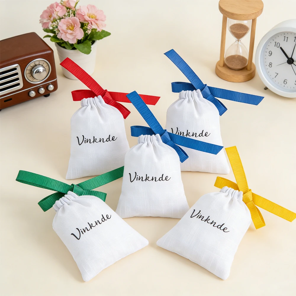 

100Pcs Personalized Logo White Bamboo Cotton Jewelry Ribbon Drawstring Bag Wedding Favors Gift Earrings Perfume Packaging Pouch