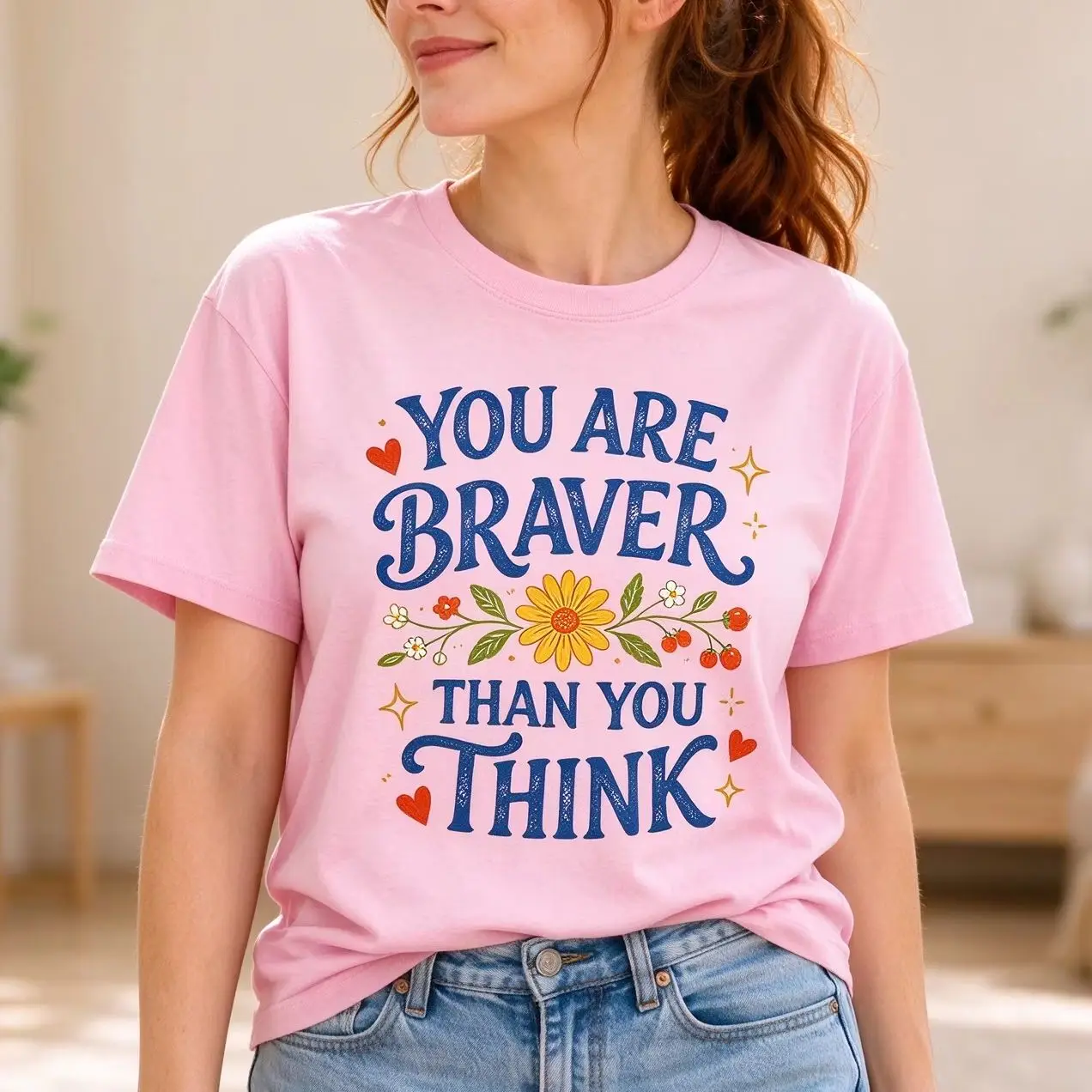 Women You Are Braver Than You Think Inspirational Quote Wildflower Positive Mental Health Graphic Short Sleeve T Shirt