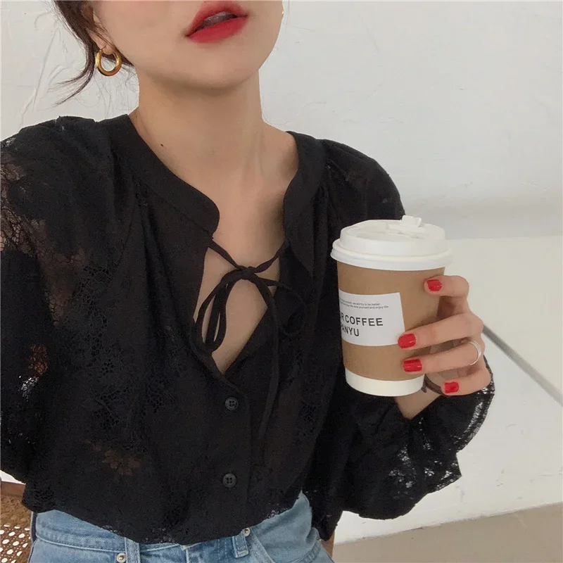 Vintage Hook Hollow Flower Blouse Women Fashion with Lace Casual Loose Lantern Sleeve Shirt Female Lace-up Black Tops Elegant