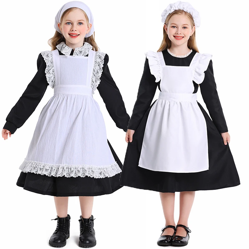 2-16Y Toddler Children Tween Teens Girls America Colonial Pilgrim Girl Costume Lovely Black White Maid Dress Umorden