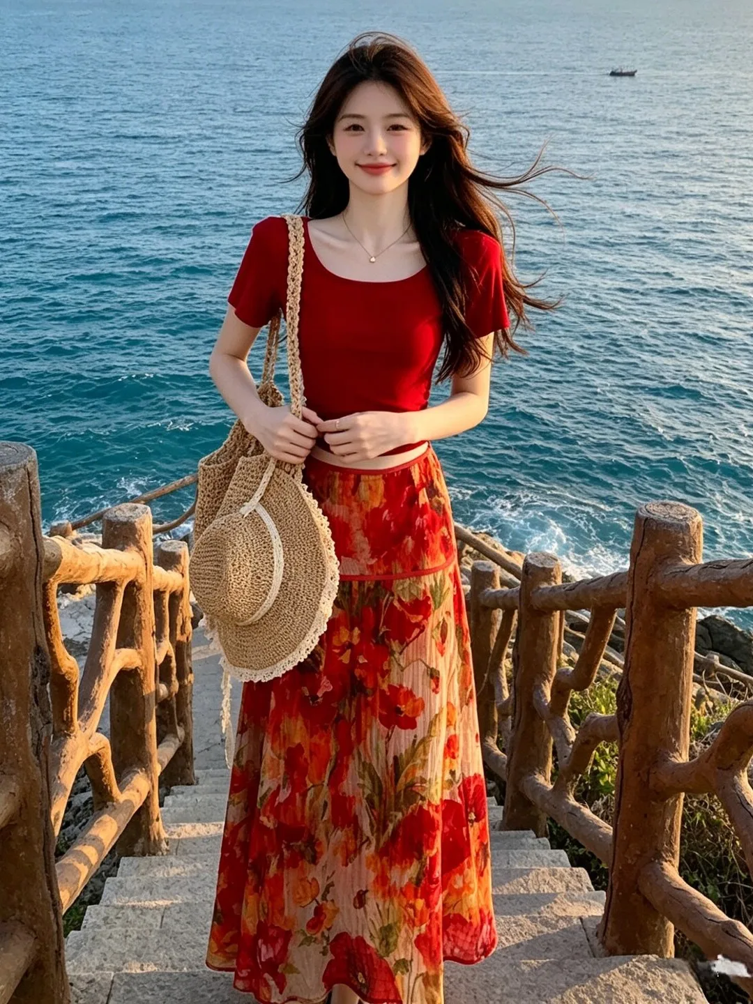 

Red Printed Halter Neck Dress And Skirt Set Summer Vacation Beach Style Women's Fashion Comfortable Breathable Two-Piece...