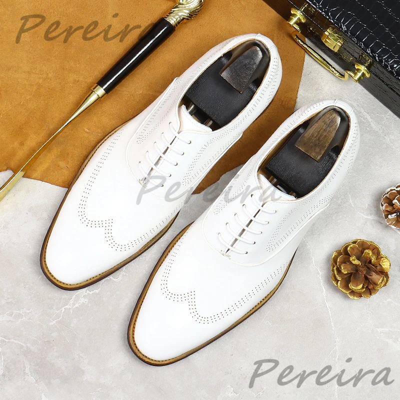

White Cow Leather Handmade Men's Oxford Shoes British Style Casual Business Shoes Fashion Party Banquet Wedding Dress Shoes