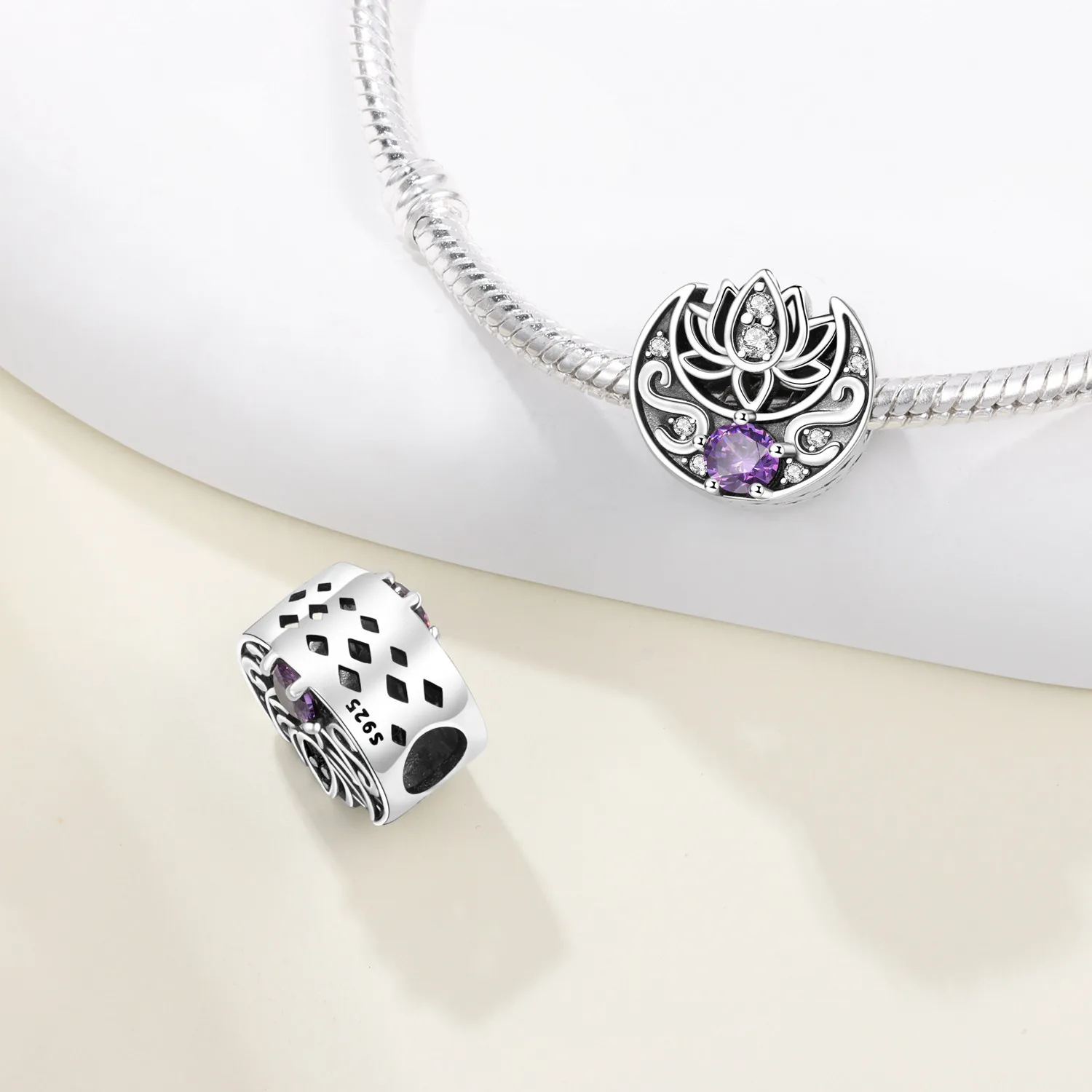 PANPOKI 925 Sterling Silver Lotus Hollow Texture Moon Pendants Bracelet Necklace Charms Fit Jewelry Party Beads DIY Fine Gifts