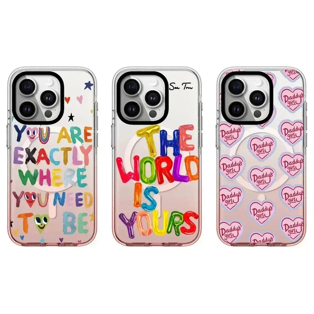 Pink Gradient Transparent Border Colorful Letters Hearts iPhone 13 14 15 Pro Max Case - Protective iPhone Case