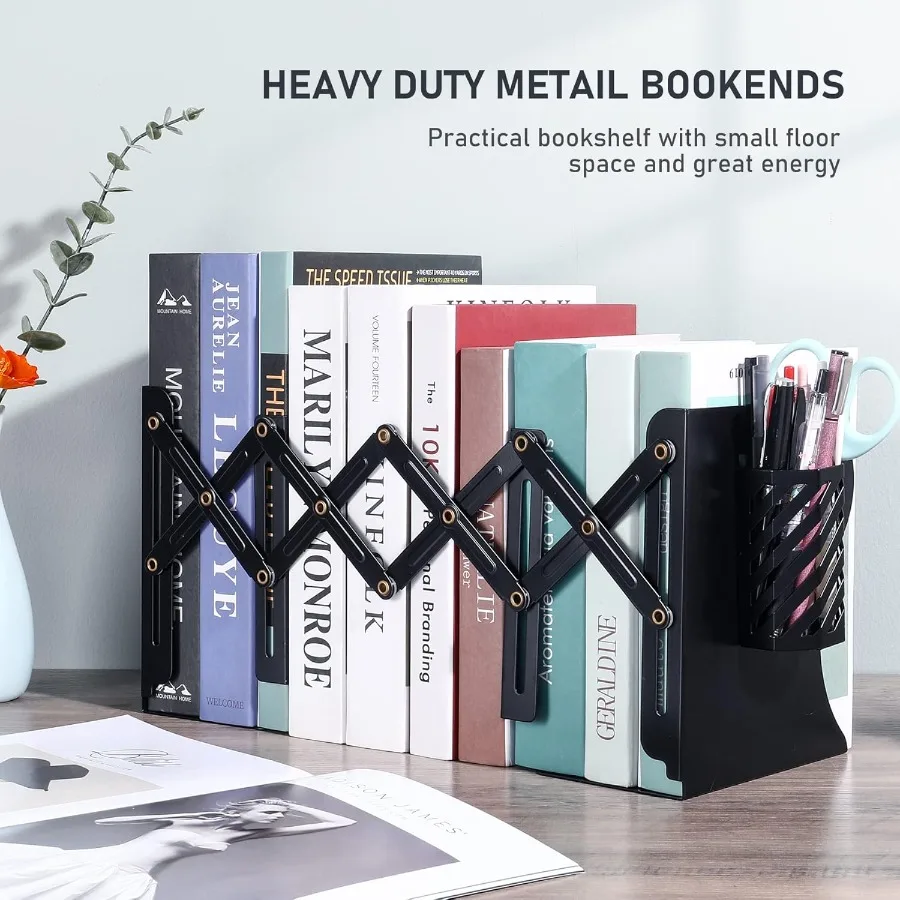 Book Ends Adjustable Metal Bookends Book Holde for Shelves Desk Magazine File Organizer Holder for Office Books Pape Extends up