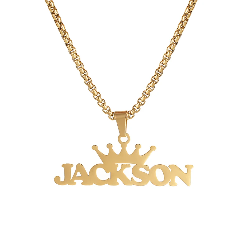 Kcaco Customized Name with Big Crown Pendant Necklace Stainless Steel Personalized Hiphop Thick Chain Nameplate Choker for Men