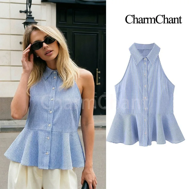 CHARMCHANT Women's Blue Striped Collared Sleeveless Cotton Shirt Button Down Peplum Hem Casual Office Vacation Summer 2026