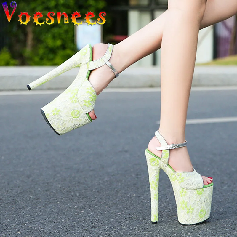 

20CM Stilettos Green Lace Sandals Women Summer Pole Dance Nightclub High Heels Pumps Platform Designer Model Catwalk Woman Shoes